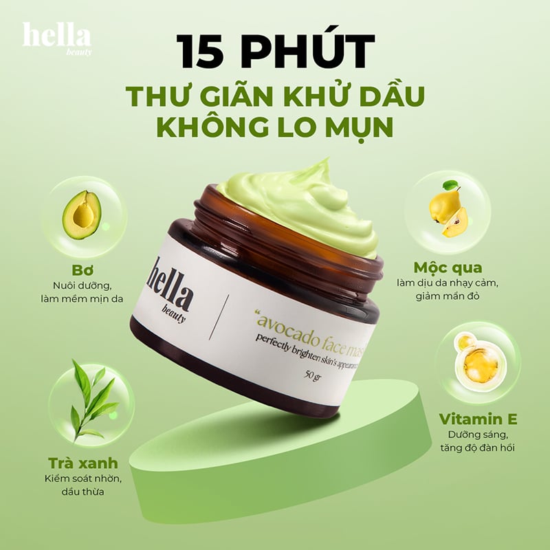 Mặt Nạ Bơ Hella Beauty Dưỡng Ẩm Cho Da Mịn Màng Avocado Face Mask 50g